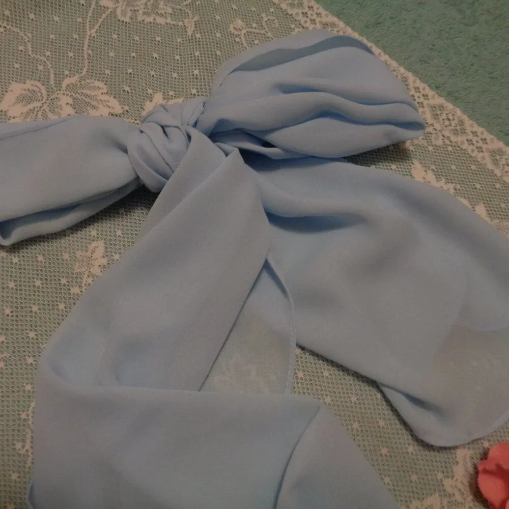 RETRO 60 70S LONG CHIFFON Blue SCARF & 60S Plaid Kerchief Lot - Picture 8 of 9